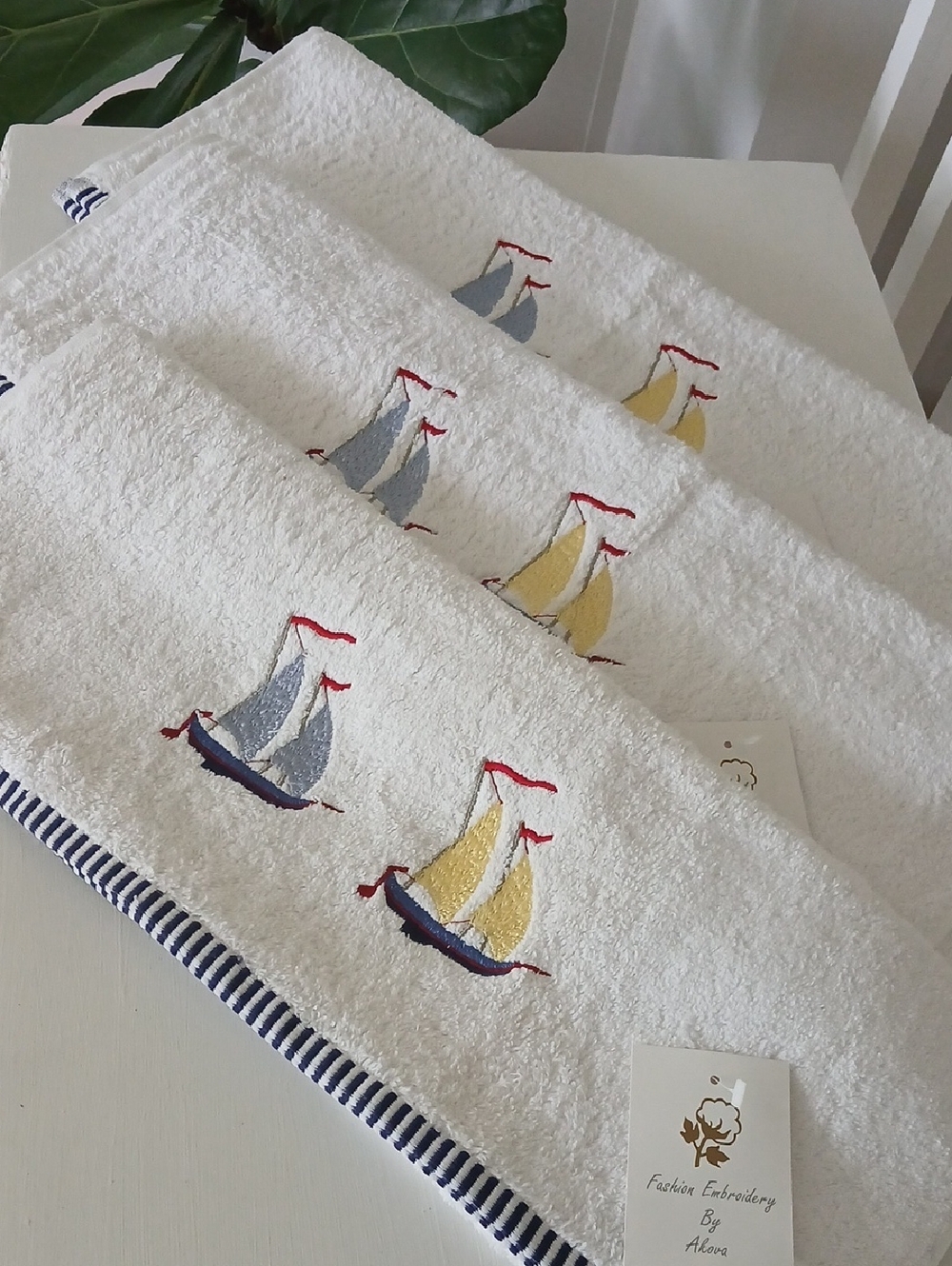 White Nautical Hand Towels Navy Striped Border Sailboats 20x30" Set of 3 Akova